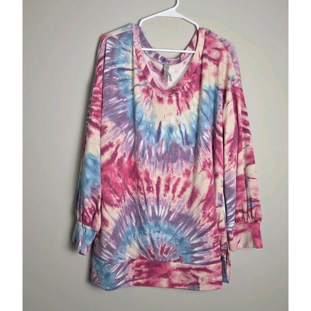 Honeyme Curvy Tie Dye Sweatshirt‎ XXL Pink Blue Lightweight French Terry Tunic